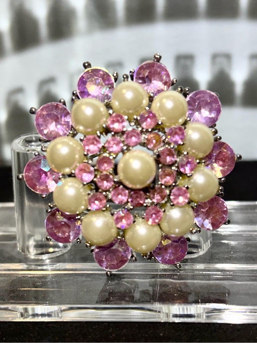 Antique Pastel Pink Crystal and Pearl Statement Glamorous Luxe Brooch